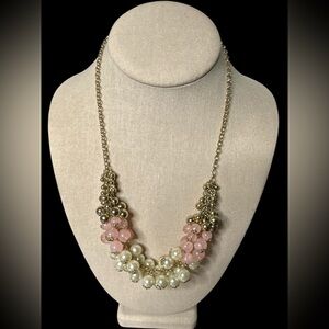 NRT Goldtone Pink acrylic and Faux Pearl Necklace with gold beads. (F-G)